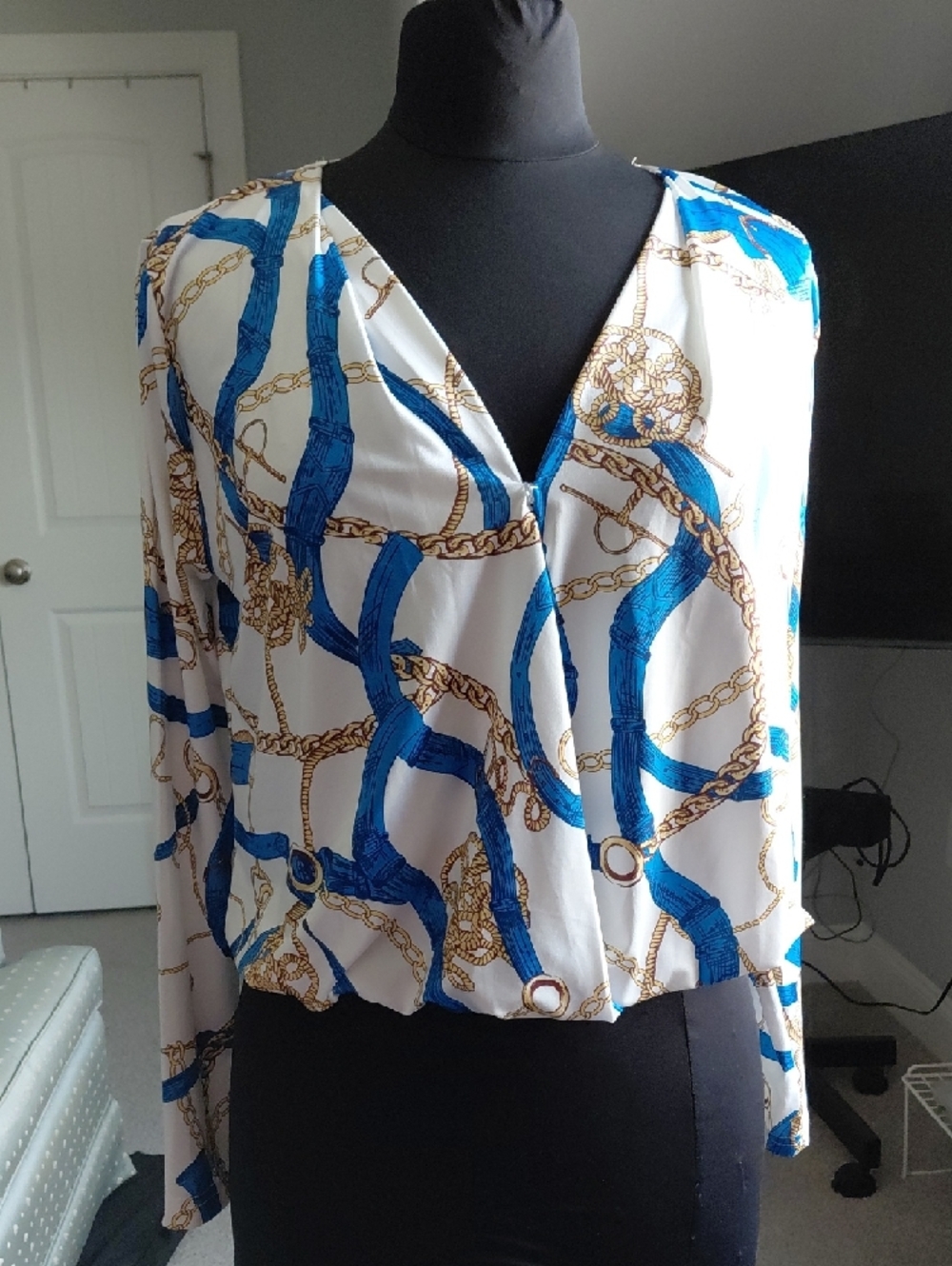 CBR White Blouse with Blue Ribbon & Gold Chain Print